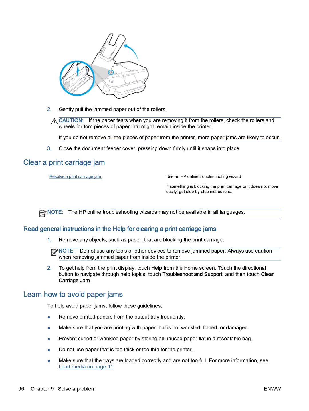 HP 5740, 5742, 5745 manual Clear a print carriage jam, Learn how to avoid paper jams 