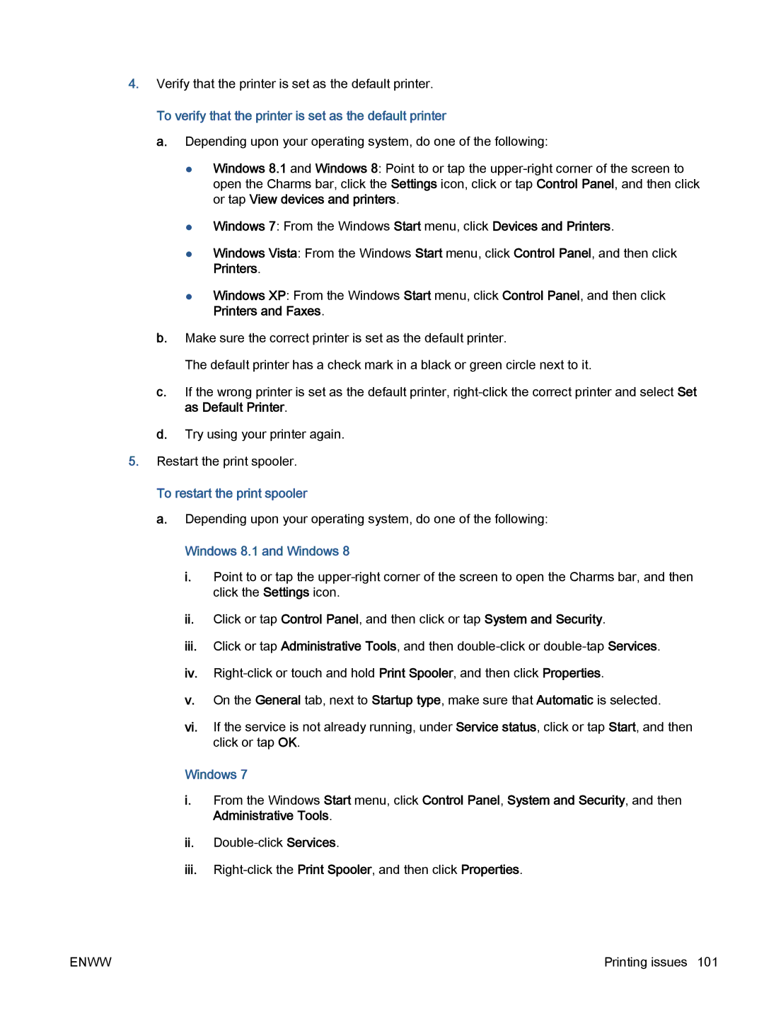 HP 5745 To verify that the printer is set as the default printer, To restart the print spooler, Windows 8.1 and Windows 