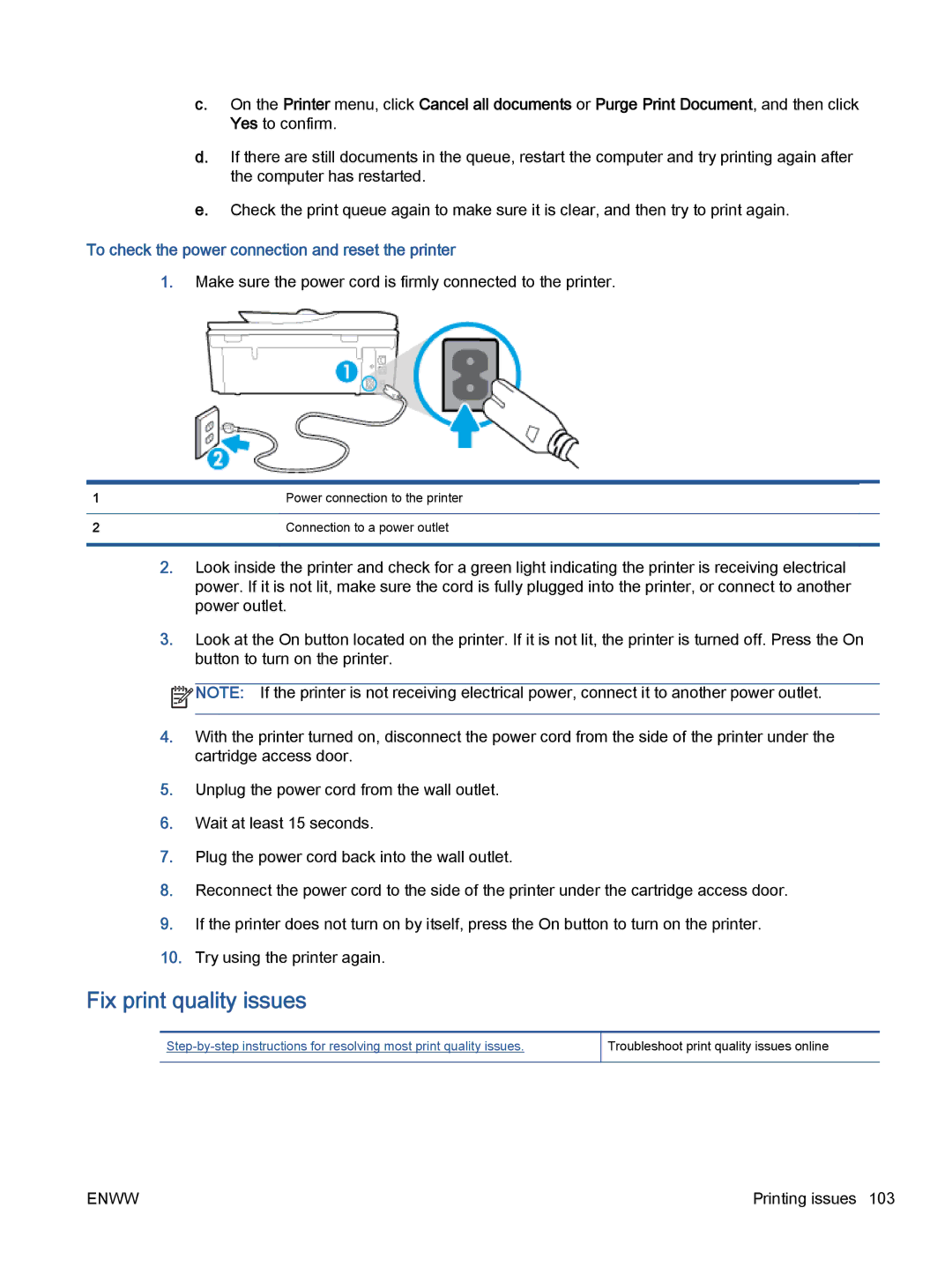 HP 5742, 5740, 5745 manual Fix print quality issues, To check the power connection and reset the printer 