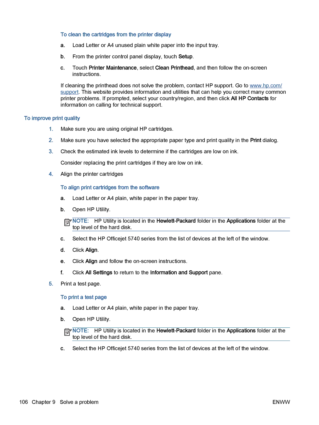 HP 5742 To clean the cartridges from the printer display, To align print cartridges from the software, To print a test 