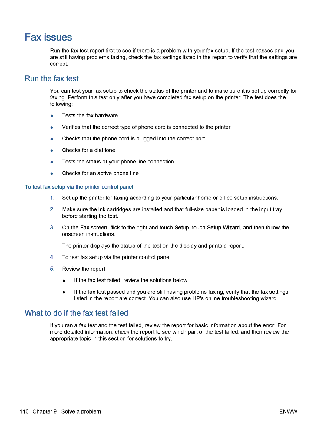 HP 5745 Fax issues, Run the fax test, What to do if the fax test failed, To test fax setup via the printer control panel 