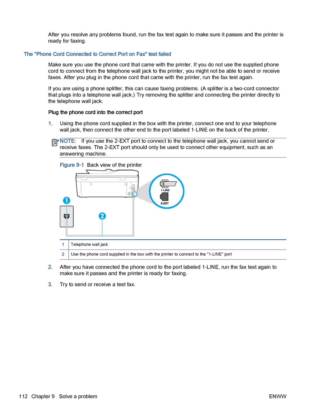 HP 5742, 5740, 5745 manual Phone Cord Connected to Correct Port on Fax test failed, Plug the phone cord into the correct port 