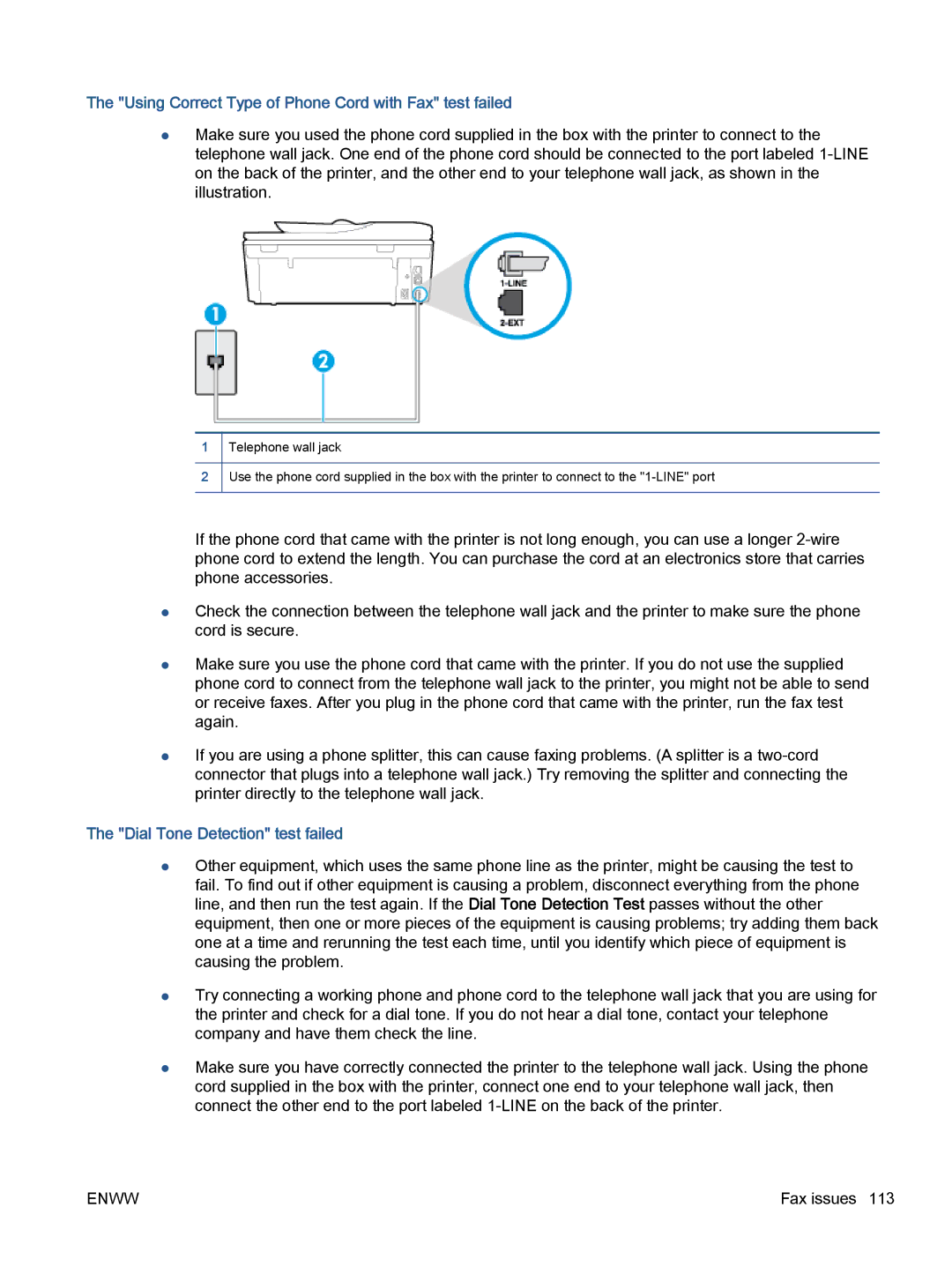 HP 5745, 5740, 5742 manual Using Correct Type of Phone Cord with Fax test failed, Dial Tone Detection test failed 
