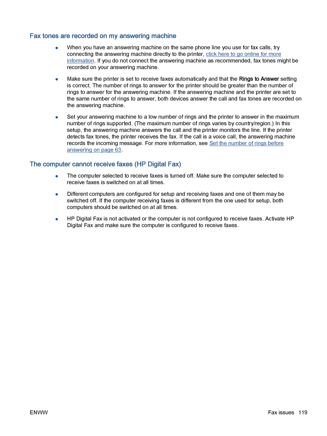 HP 5745, 5740, 5742 manual Fax tones are recorded on my answering machine, Computer cannot receive faxes HP Digital Fax 