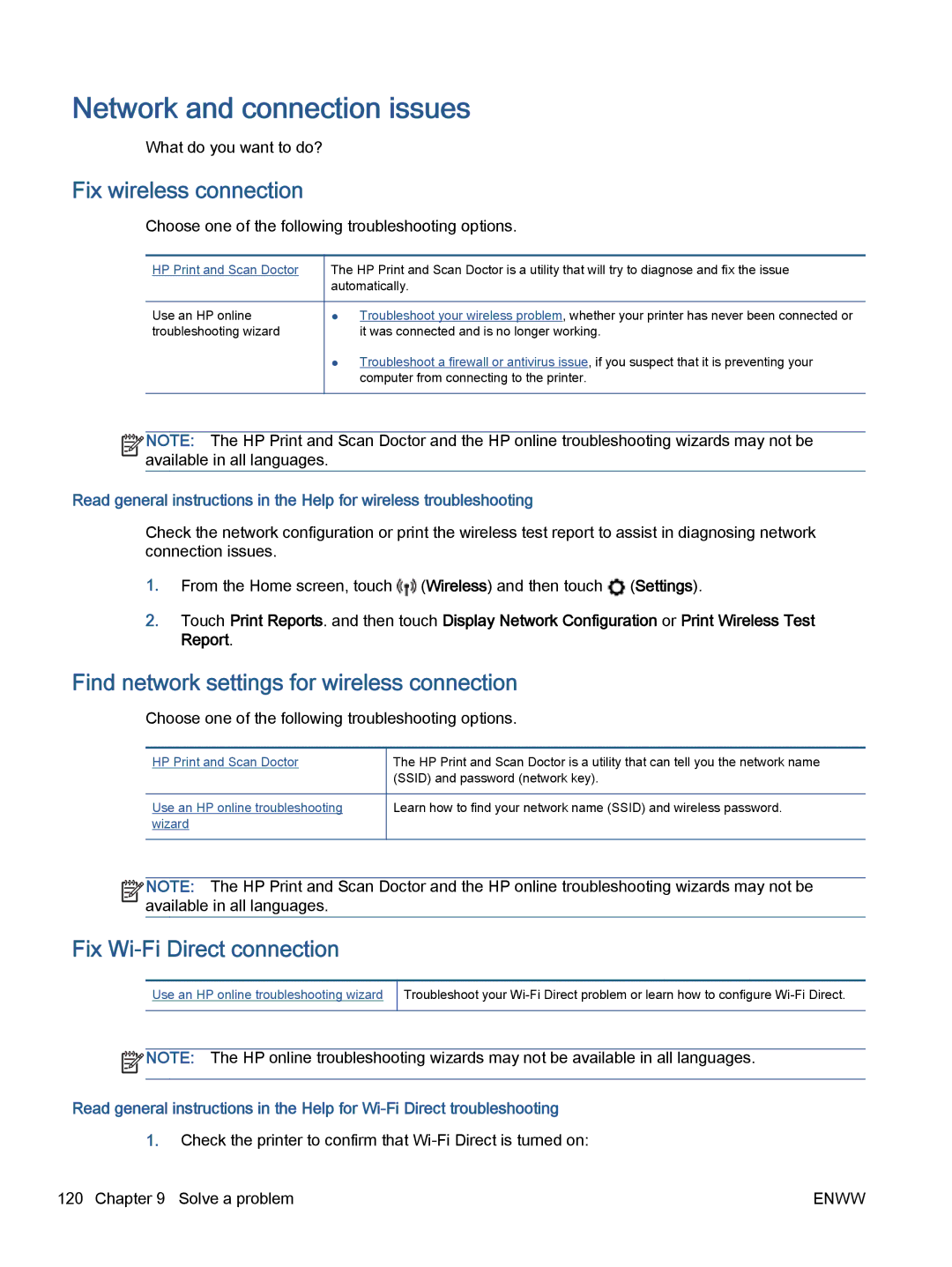 HP 5740, 5742, 5745 Network and connection issues, Fix wireless connection, Find network settings for wireless connection 