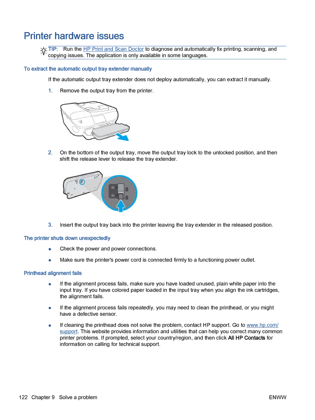 HP 5745 Printer hardware issues, To extract the automatic output tray extender manually, Printer shuts down unexpectedly 