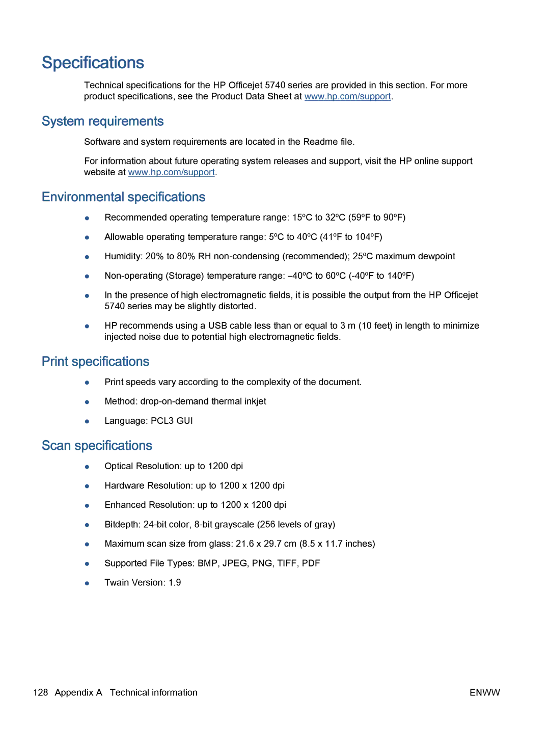 HP 5745, 5740 Specifications, System requirements, Environmental specifications, Print specifications, Scan specifications 