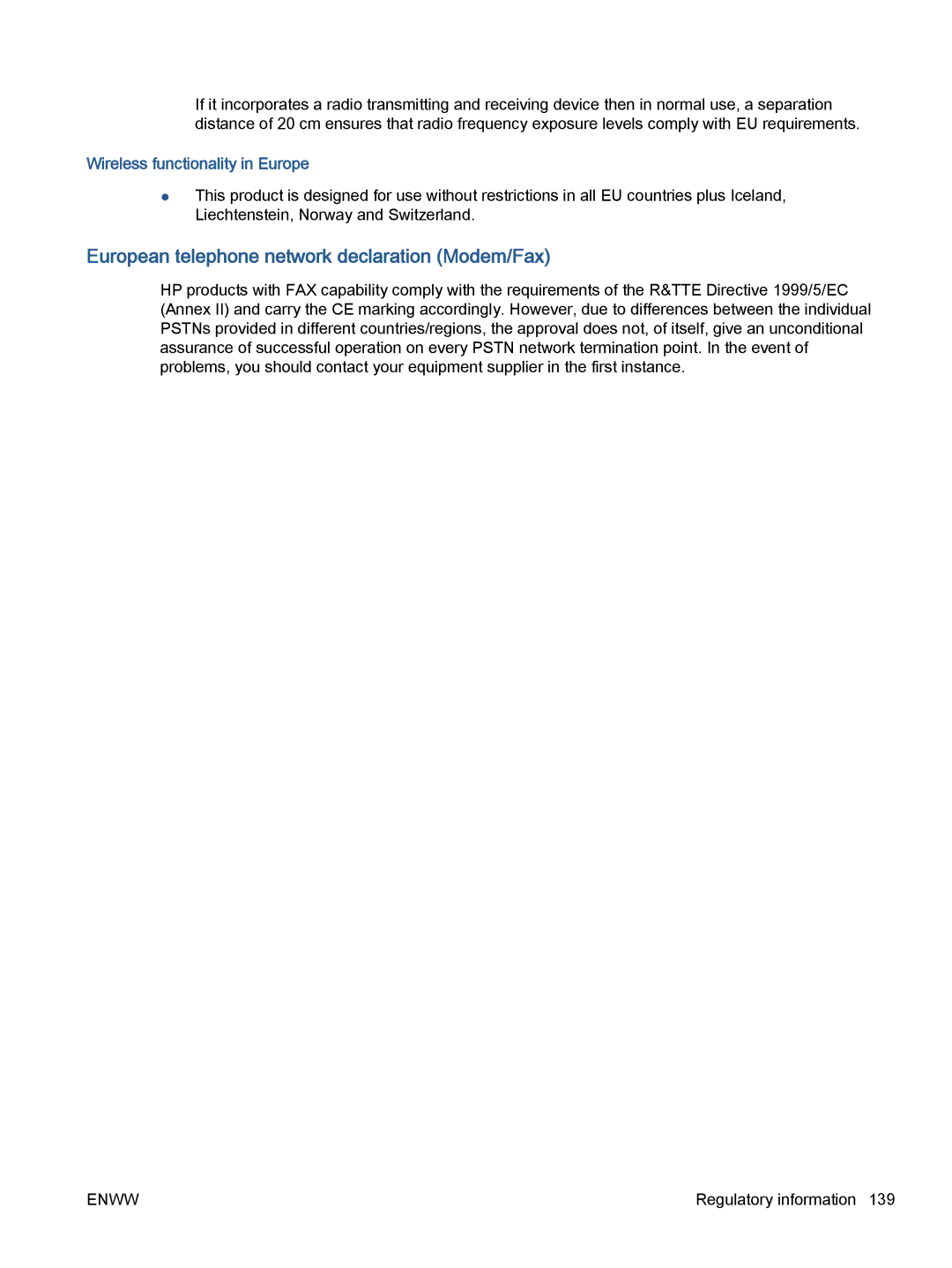 HP 5742, 5740, 5745 manual European telephone network declaration Modem/Fax, Wireless functionality in Europe 