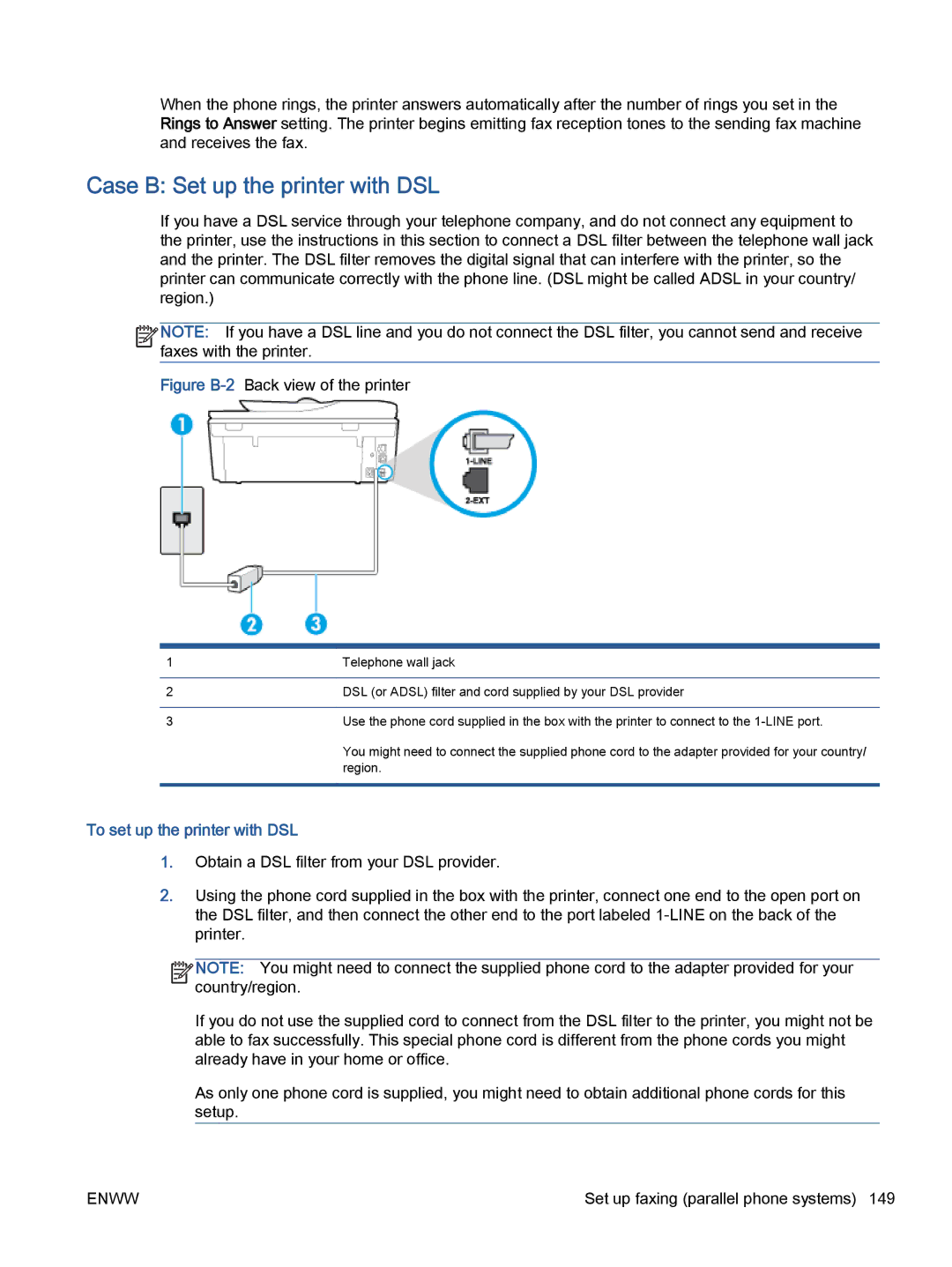 HP 5745, 5740, 5742 manual Case B Set up the printer with DSL, To set up the printer with DSL 