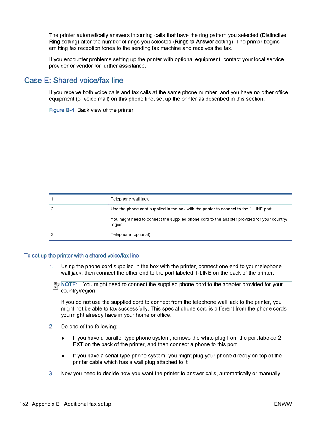 HP 5745, 5740, 5742 manual Case E Shared voice/fax line, To set up the printer with a shared voice/fax line 