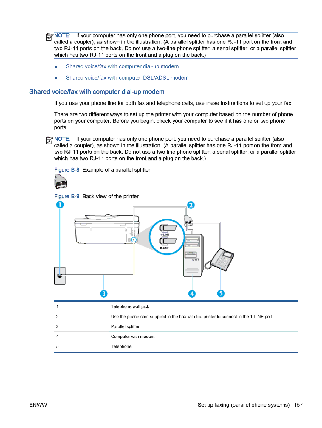 HP 5742, 5740, 5745 manual Shared voice/fax with computer dial-up modem, Figure B-8Example of a parallel splitter 