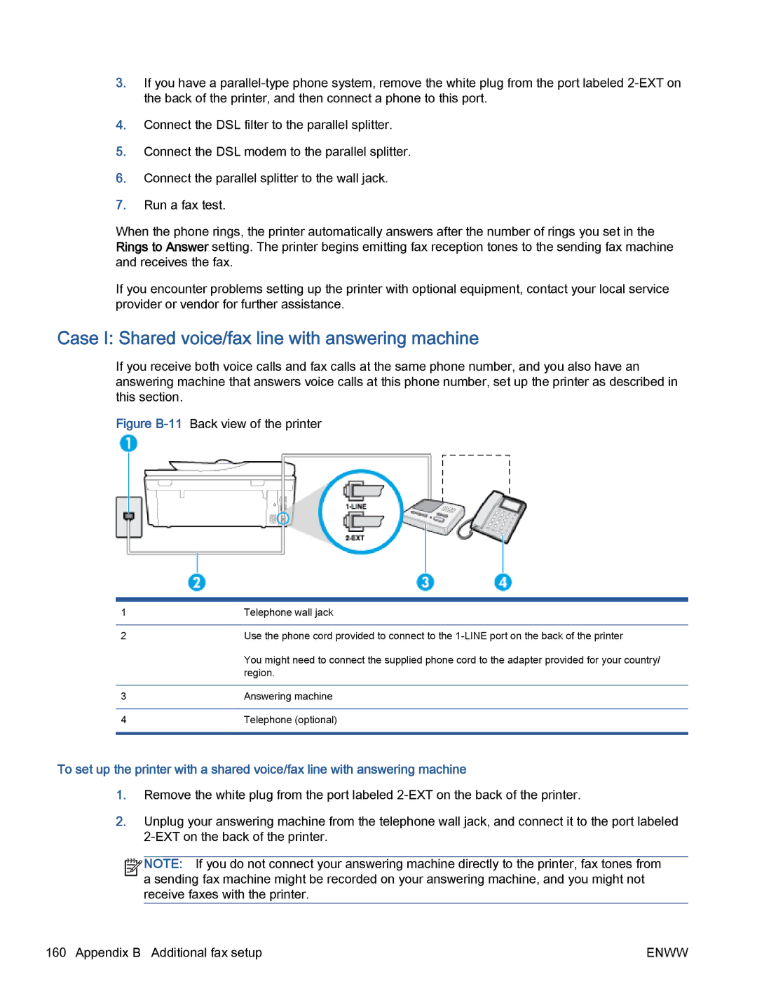 HP 5742, 5740, 5745 manual Case I Shared voice/fax line with answering machine, Figure B-11Back view of the printer 