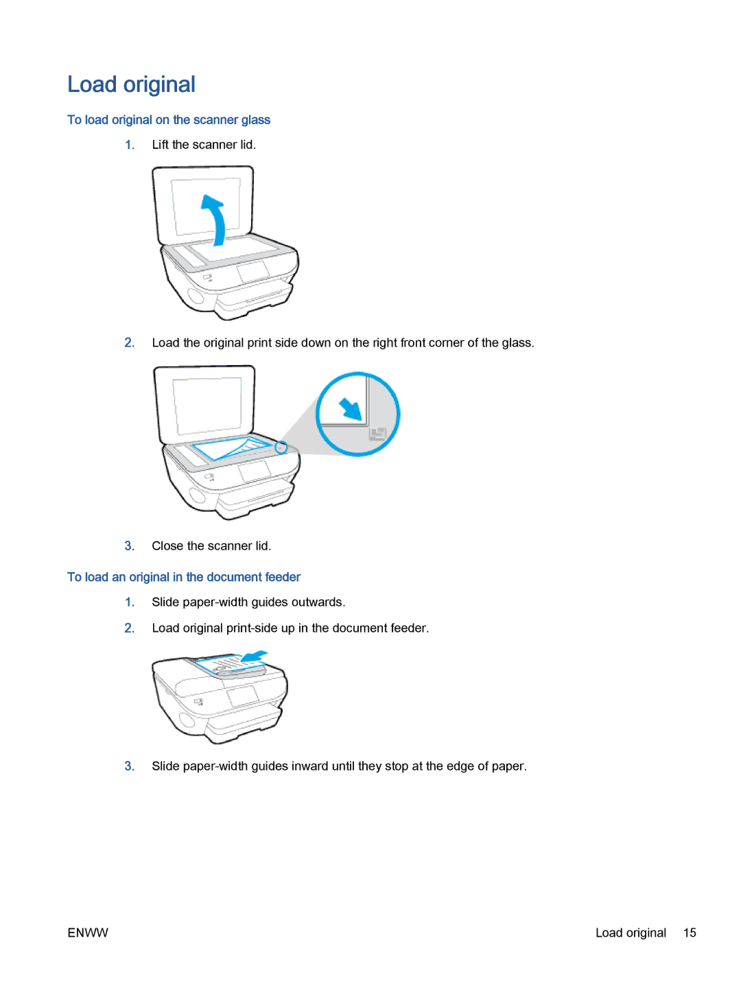 HP 5740, 5742, 5745 manual Load original, To load original on the scanner glass, To load an original in the document feeder 