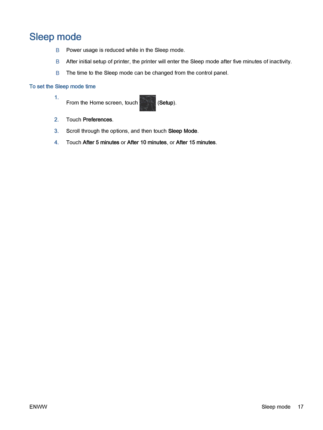 HP 5745, 5740, 5742 manual To set the Sleep mode time, Setup, Touch Preferences 