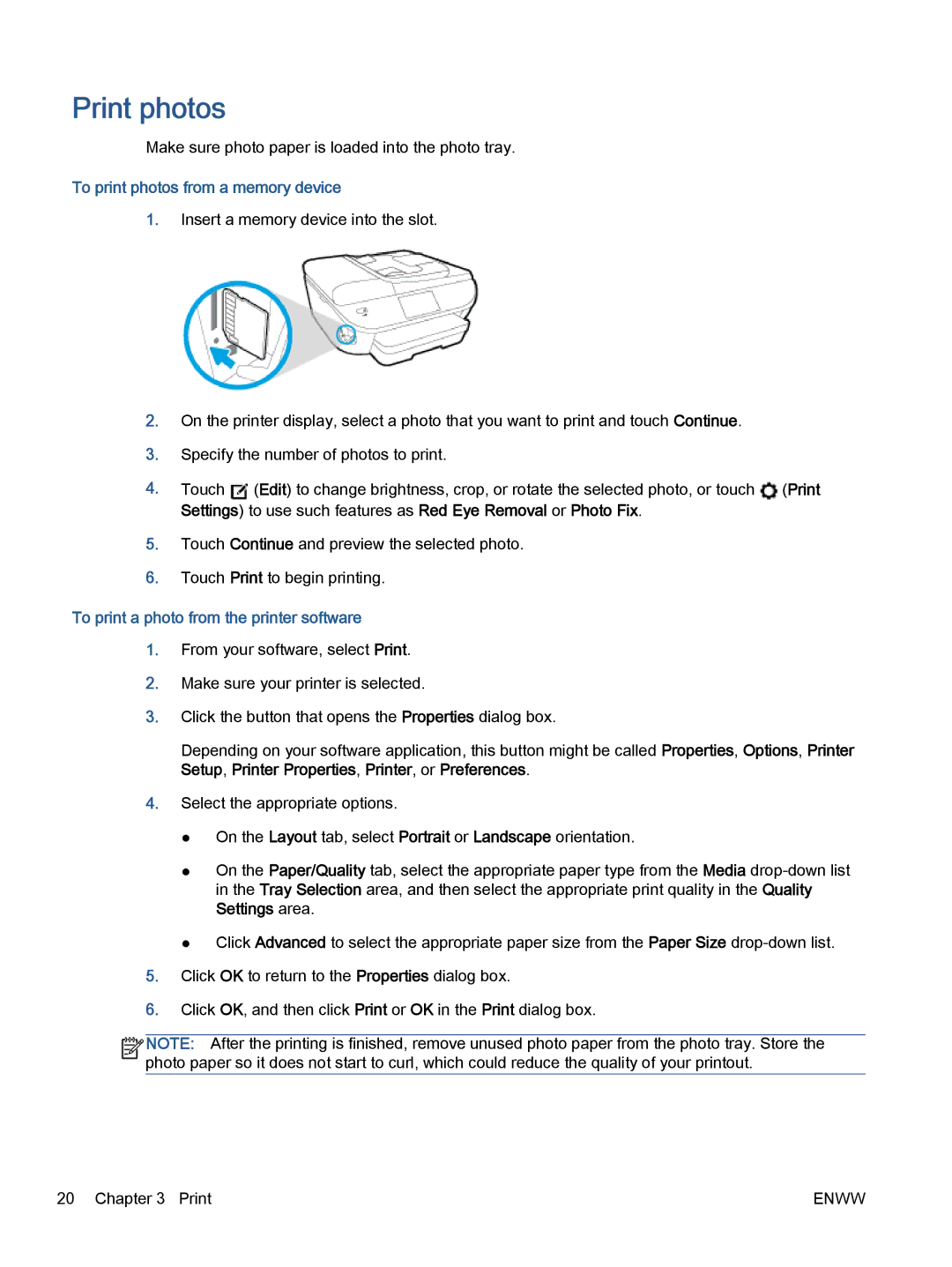 HP 5745, 5740, 5742 manual Print photos, To print photos from a memory device, To print a photo from the printer software 