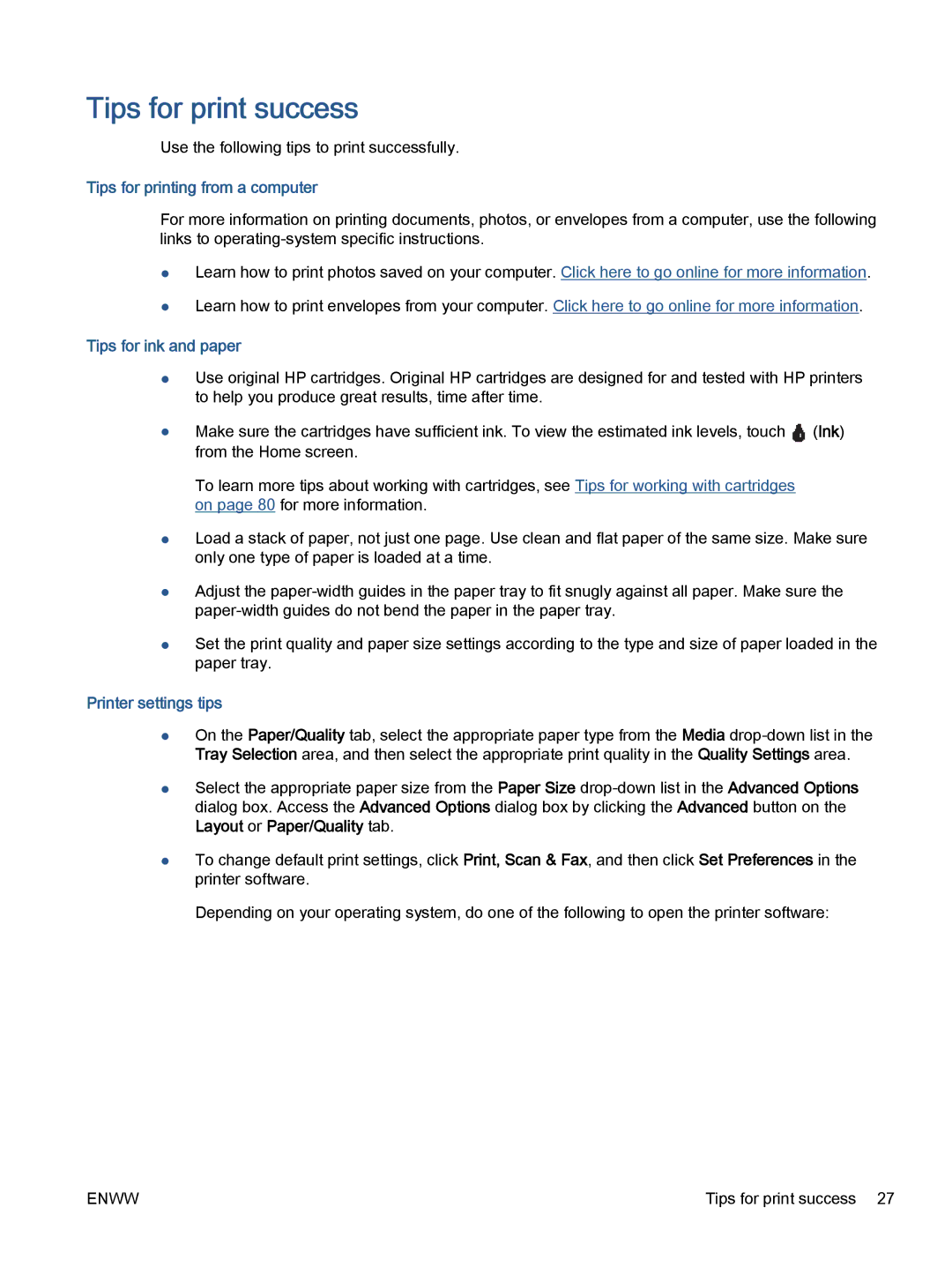 HP 5740, 5742 Tips for print success, Tips for printing from a computer, Tips for ink and paper, Printer settings tips 