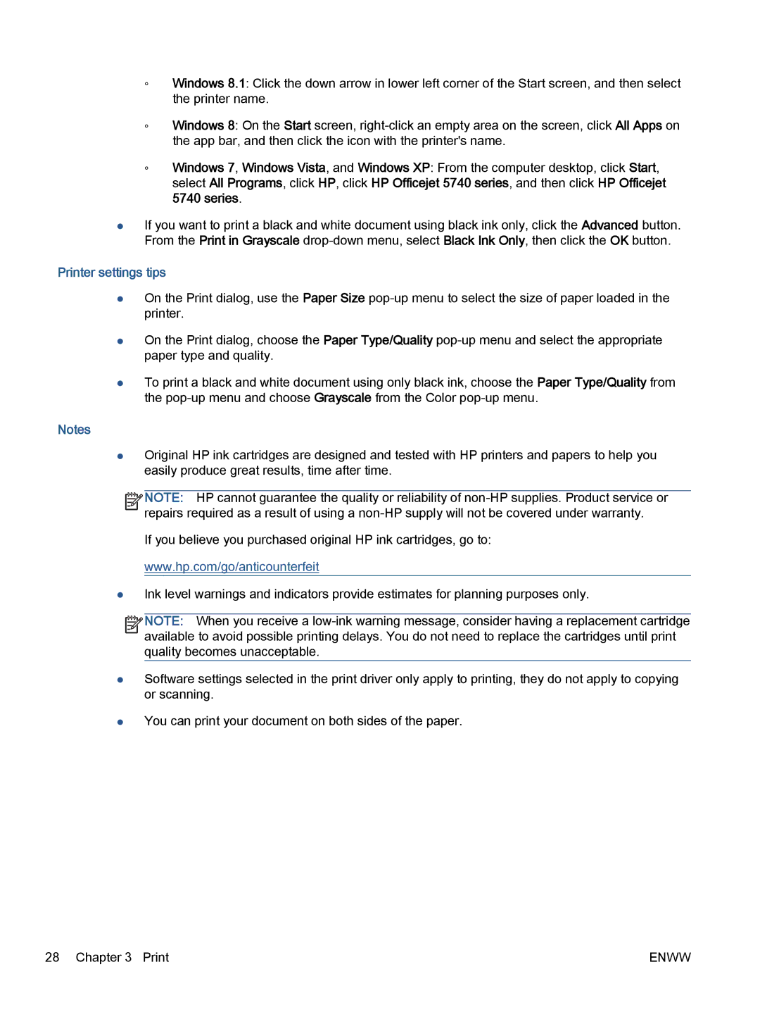 HP 5742, 5740, 5745 manual Printer settings tips 