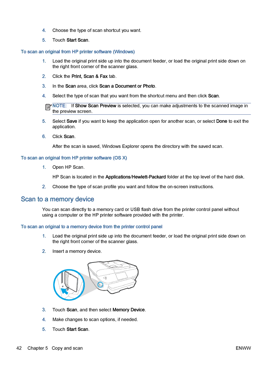 HP 5740, 5742, 5745 manual Scan to a memory device, Touch Start Scan, To scan an original from HP printer software Windows 