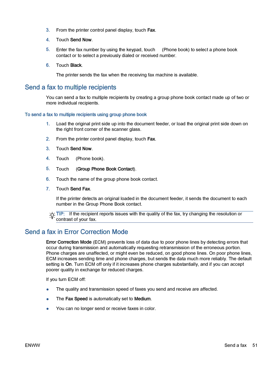 HP 5740, 5742, 5745 Send a fax to multiple recipients, Send a fax in Error Correction Mode, Touch Group Phone Book Contact 