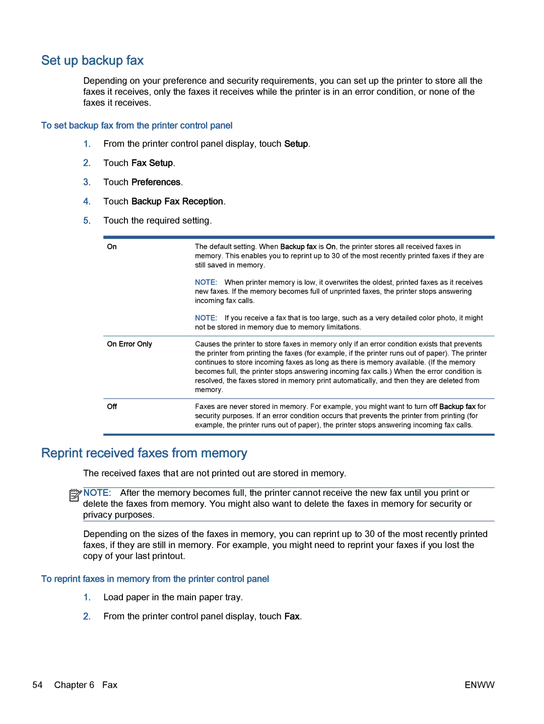 HP 5740, 5742, 5745 Set up backup fax, Reprint received faxes from memory, To set backup fax from the printer control panel 