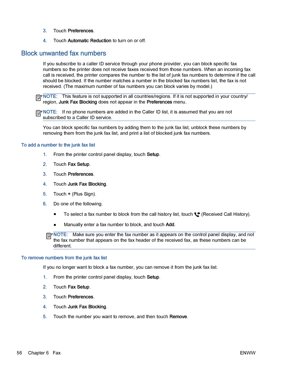 HP 5745, 5740 Block unwanted fax numbers, To add a number to the junk fax list, To remove numbers from the junk fax list 