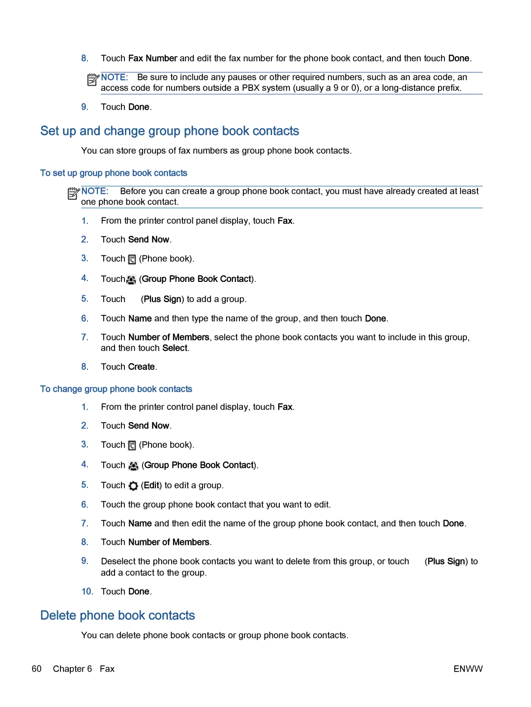 HP 5740, 5742 Set up and change group phone book contacts, Delete phone book contacts, To set up group phone book contacts 