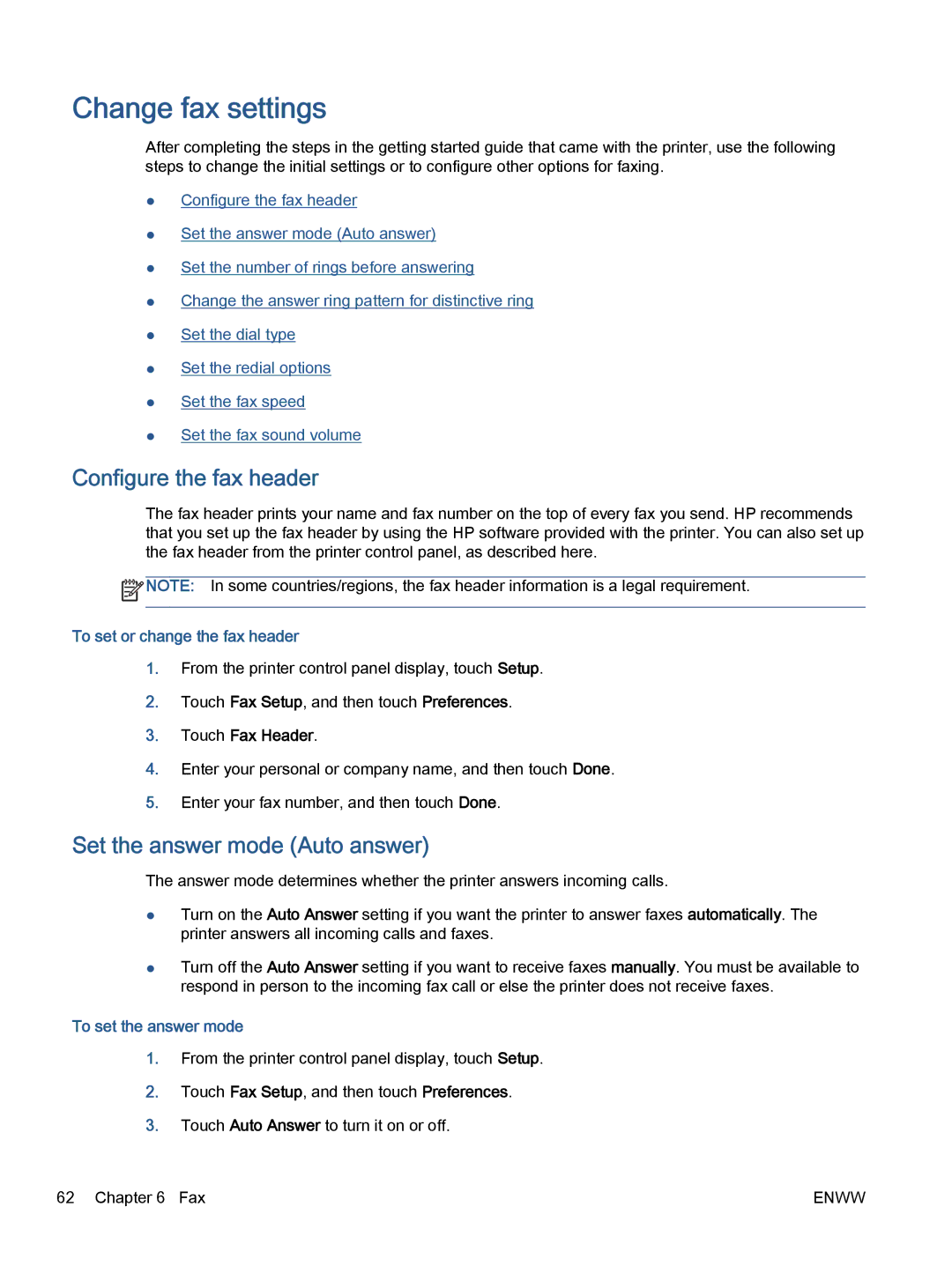 HP 5745 Change fax settings, Configure the fax header, Set the answer mode Auto answer, To set or change the fax header 