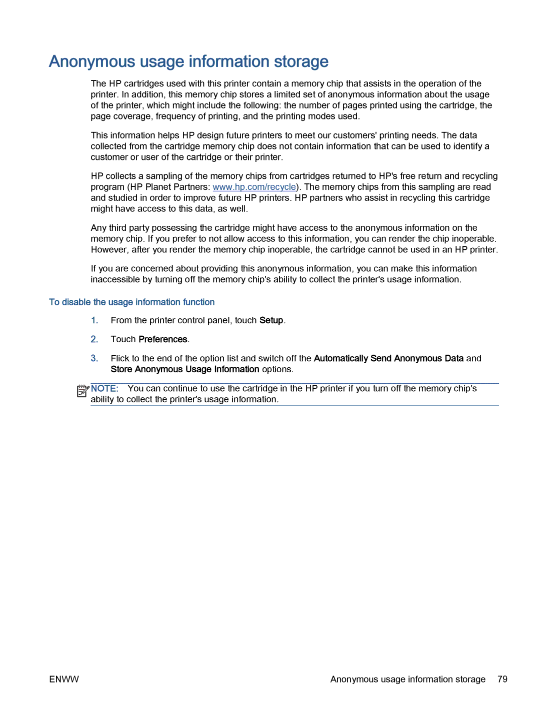 HP 5742, 5740, 5745 manual Anonymous usage information storage, To disable the usage information function 