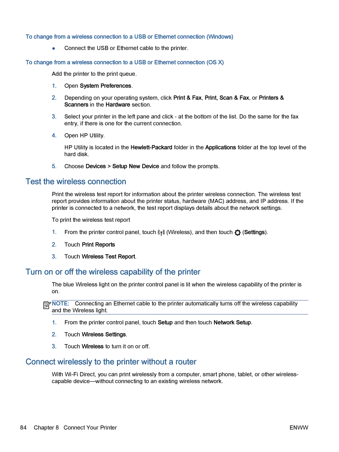 HP 5740, 5742 Test the wireless connection, Turn on or off the wireless capability of the printer, Touch Wireless Settings 