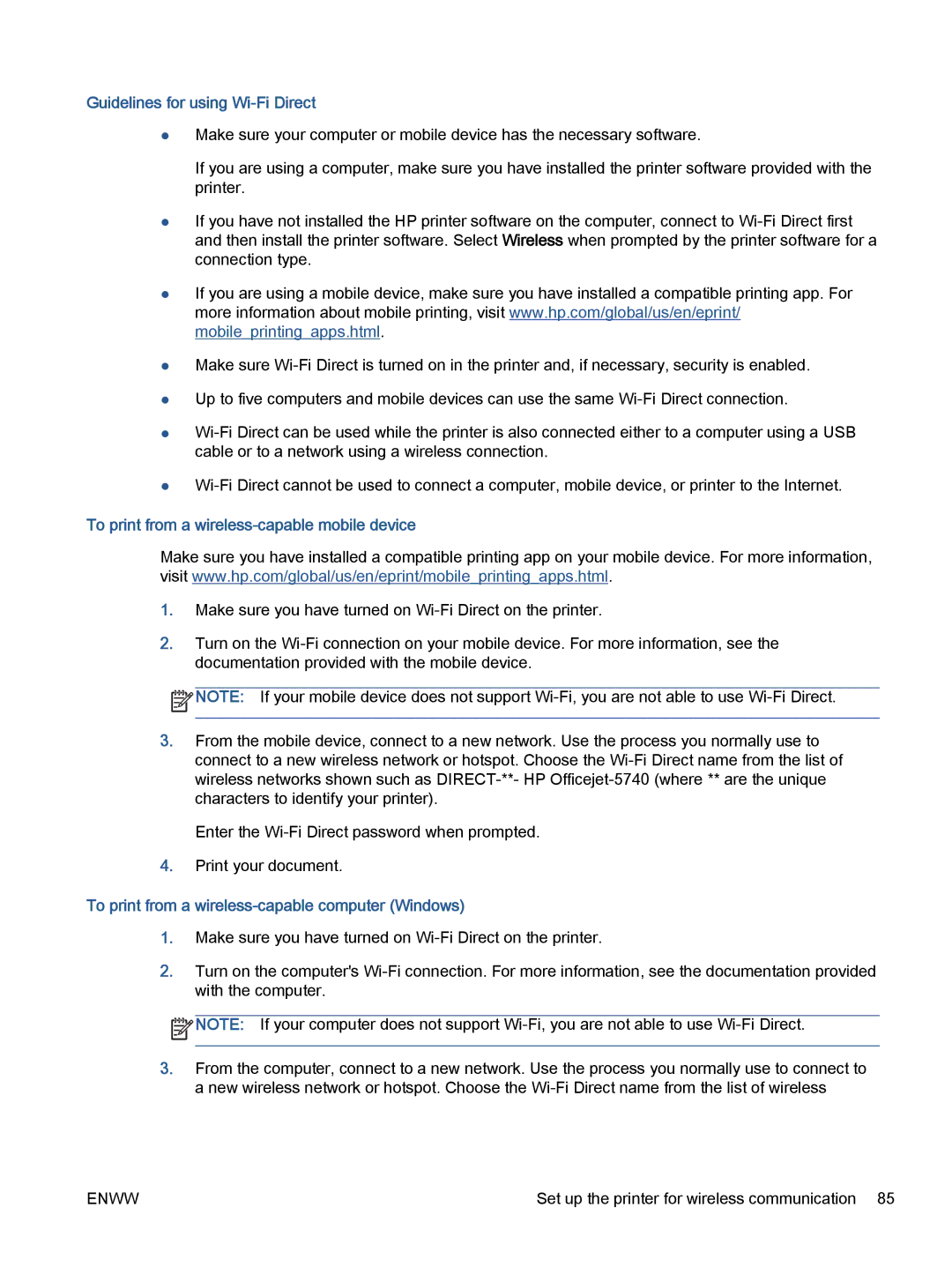 HP 5742, 5740, 5745 manual Guidelines for using Wi-Fi Direct, To print from a wireless-capable mobile device 