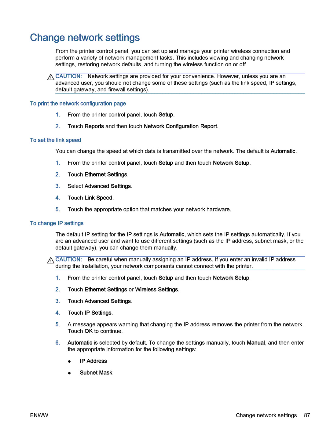 HP 5740, 5742 Change network settings, To print the network configuration, To set the link speed, To change IP settings 