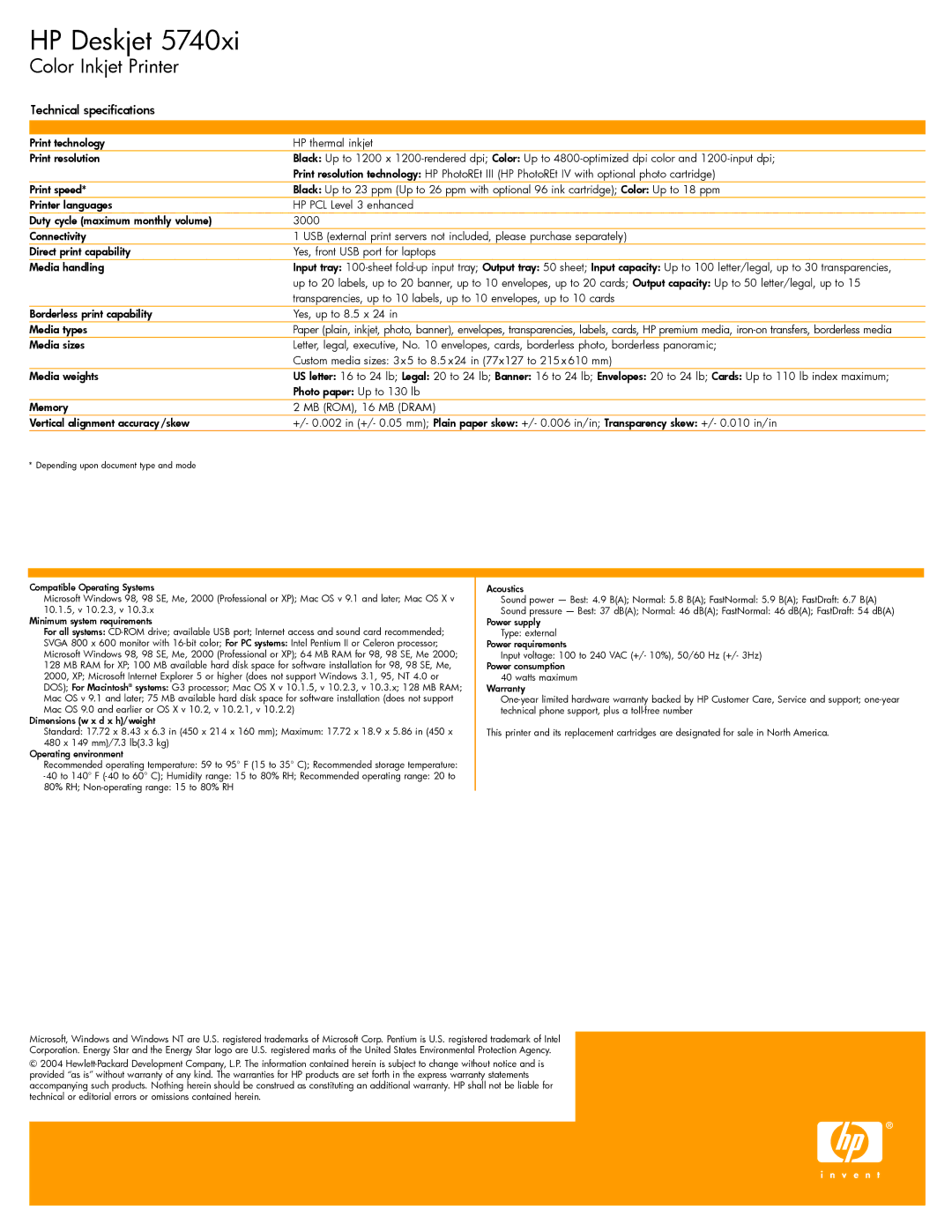 HP 5740xi manual Technical specifications 