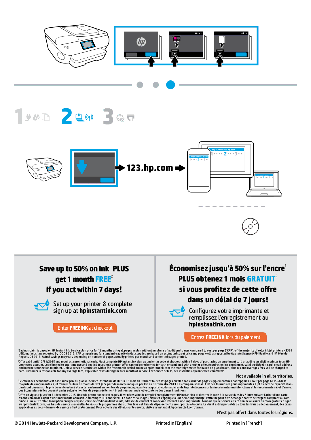 HP 5742, 5745 123.hp.com, Économisez jusqu’à 50% sur l’encre1, Enter Freeink at checkout, Entrez Freeink lors du paiement 