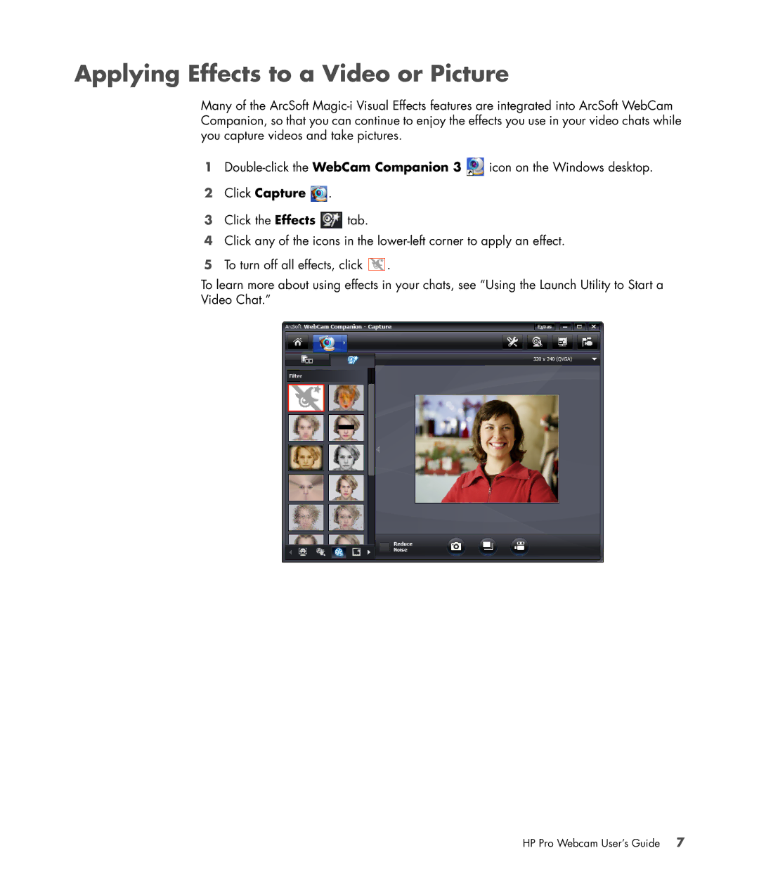 HP 575739-001 manual Applying Effects to a Video or Picture, Click Capture 