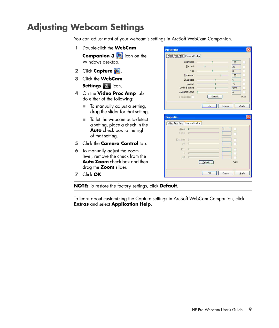 HP 575739-001 manual Adjusting Webcam Settings, On the Video Proc Amp tab do either of the following 