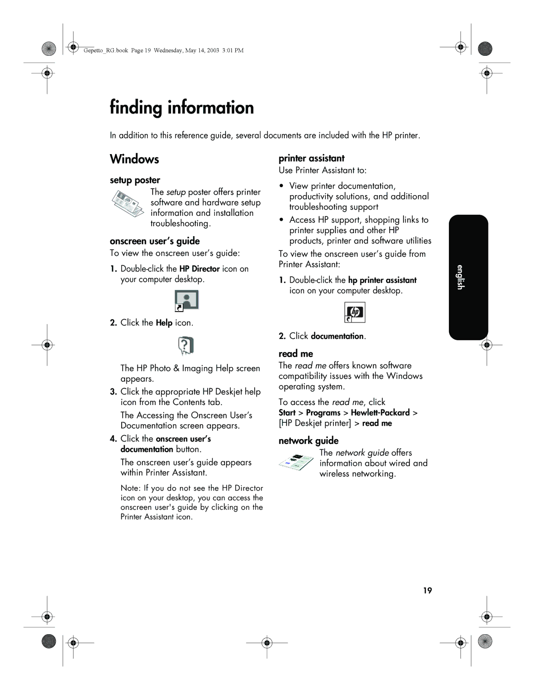 HP 5800 manual Finding information, Windows, Onscreen user’s guide appears within Printer Assistant, Click documentation 