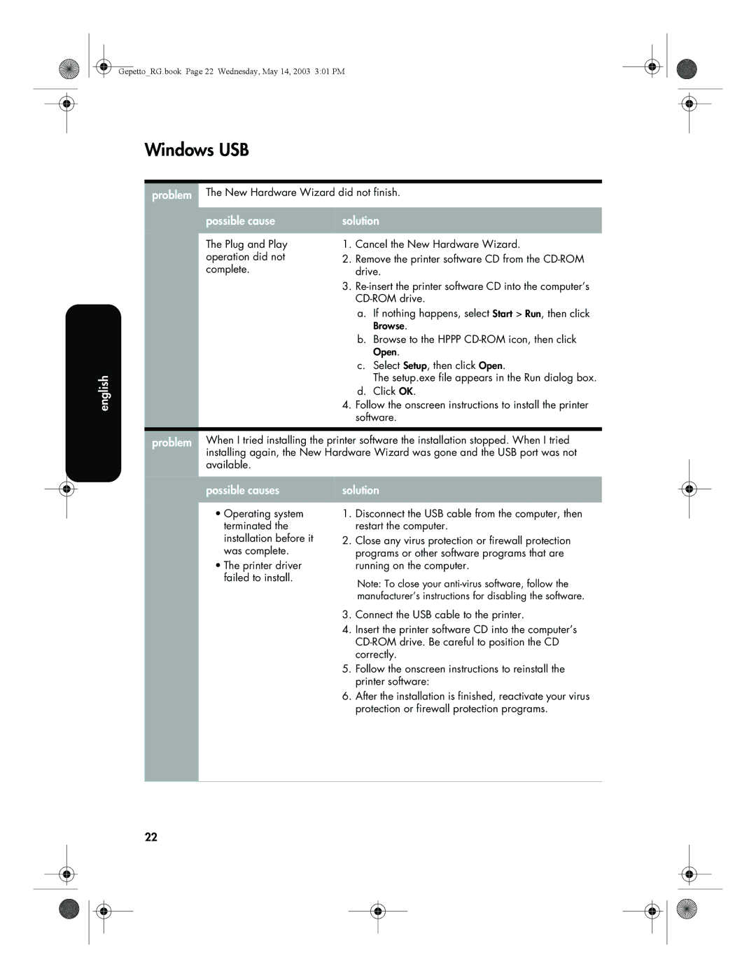 HP 5800 manual Windows USB, Possible cause Solution 