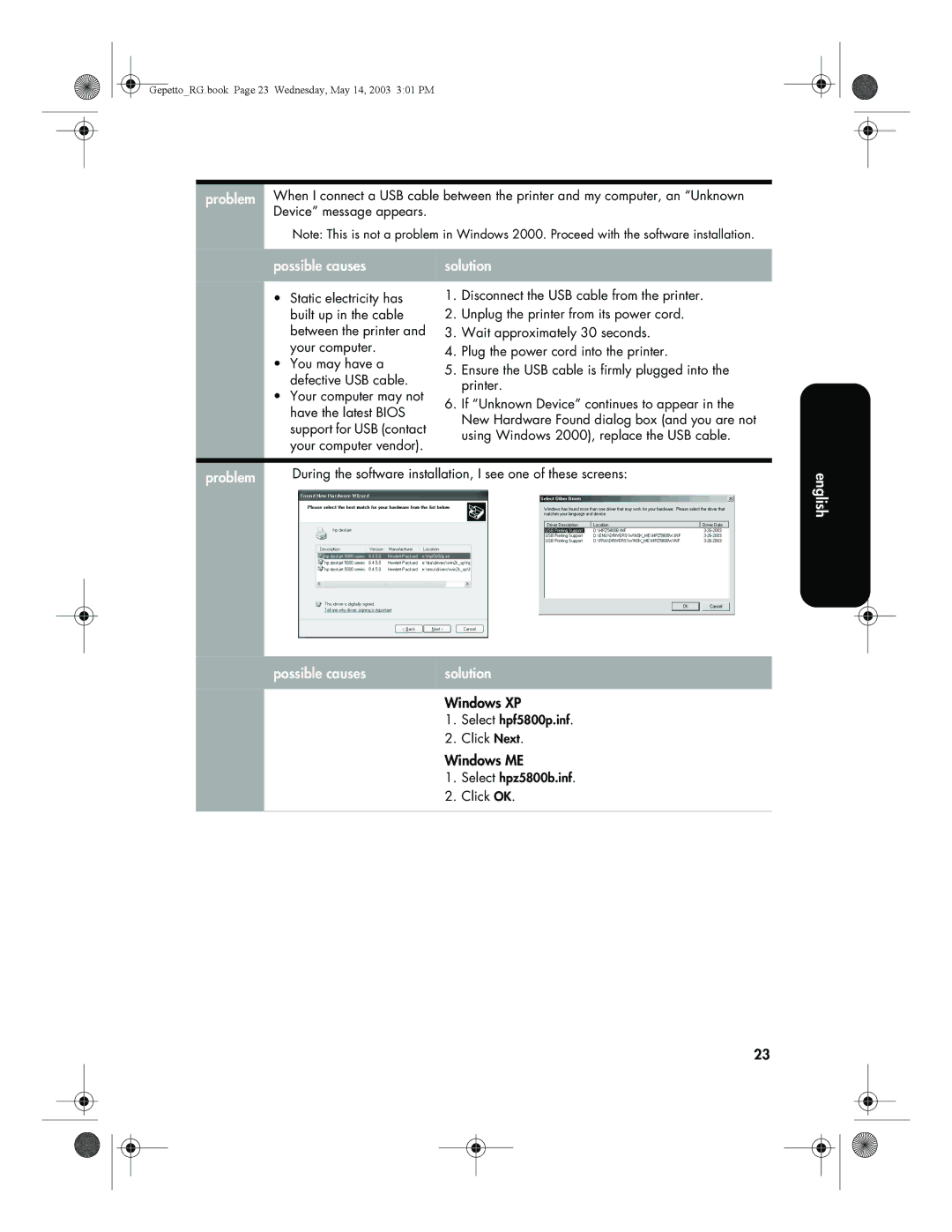 HP 5800 manual Problem 