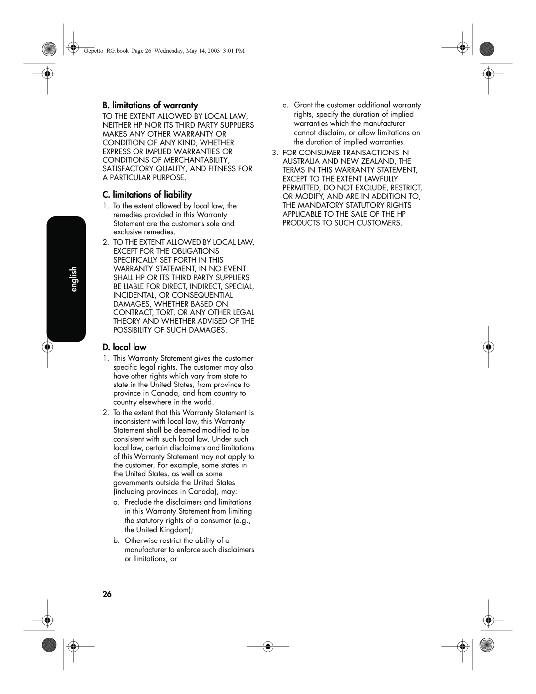 HP 5800 manual Limitations of warranty, Limitations of liability, Local law 