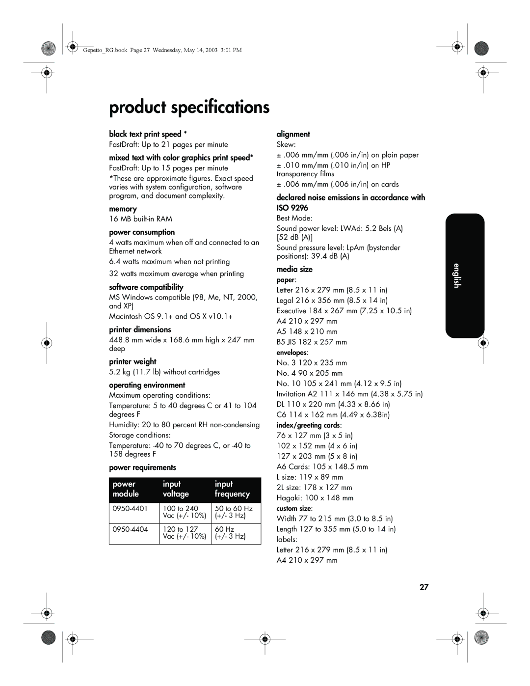 HP 5800 manual Product specifications, Mixed text with color graphics print speed 