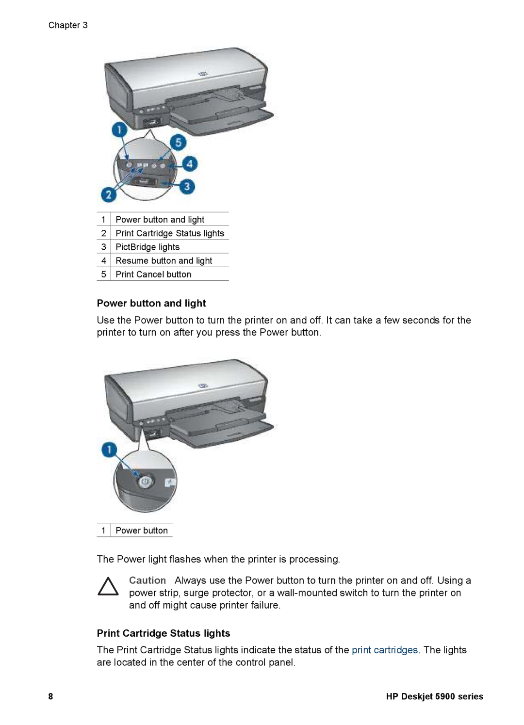 HP 5900 manual Power button and light, Print Cartridge Status lights 