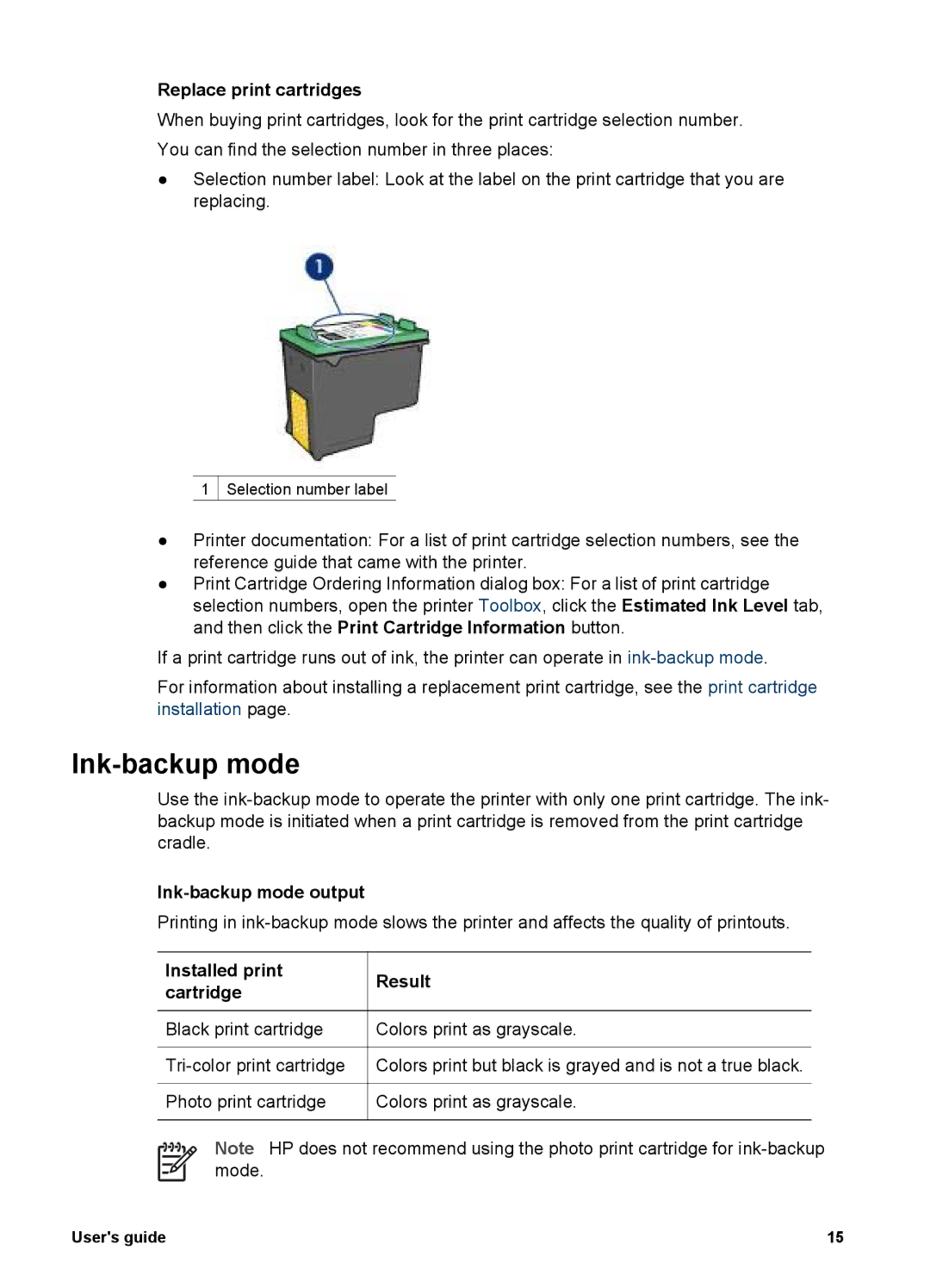 HP 5900 manual Replace print cartridges, Ink-backup mode output, Installed print Result Cartridge 