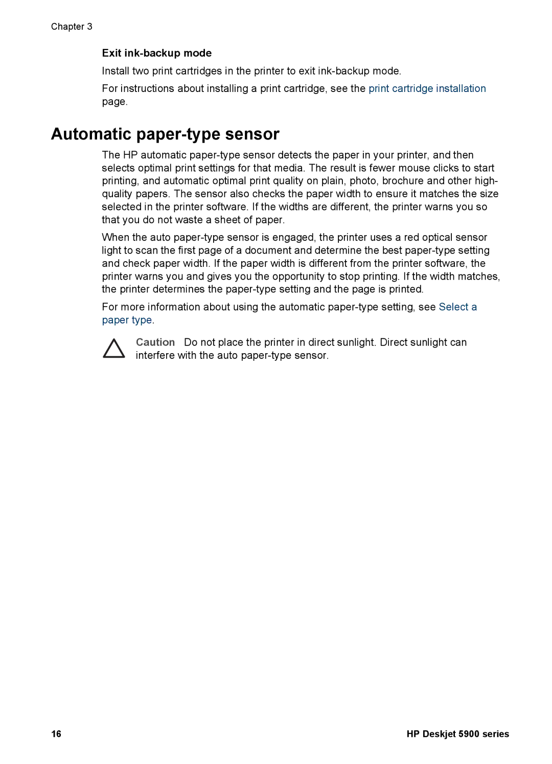 HP 5900 manual Automatic paper-type sensor, Exit ink-backup mode 