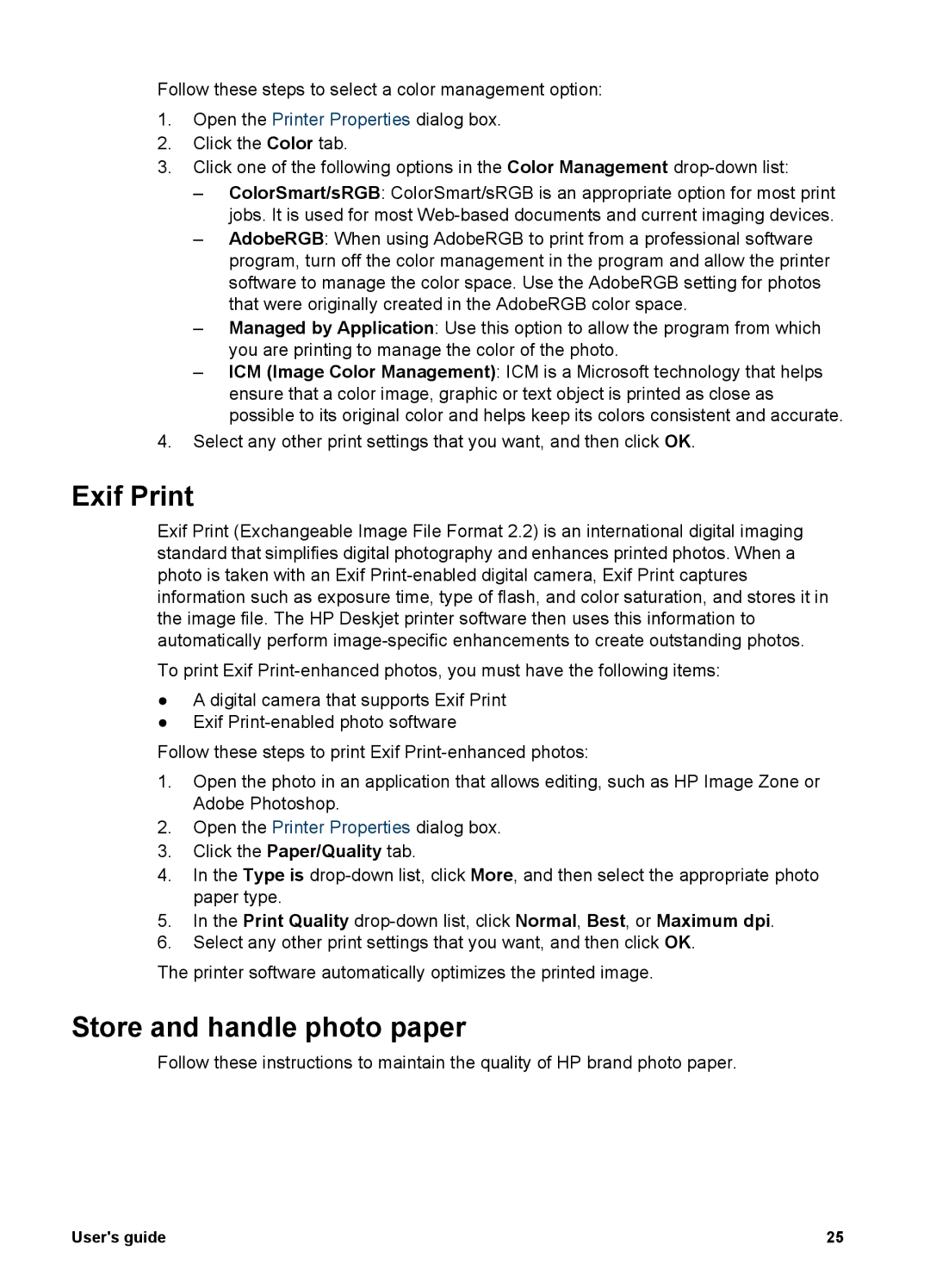 HP 5900 manual Exif Print, Store and handle photo paper 