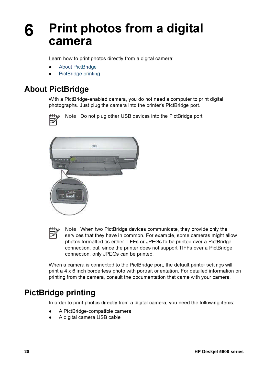 HP 5900 manual Print photos from a digital, Camera, About PictBridge, PictBridge printing 