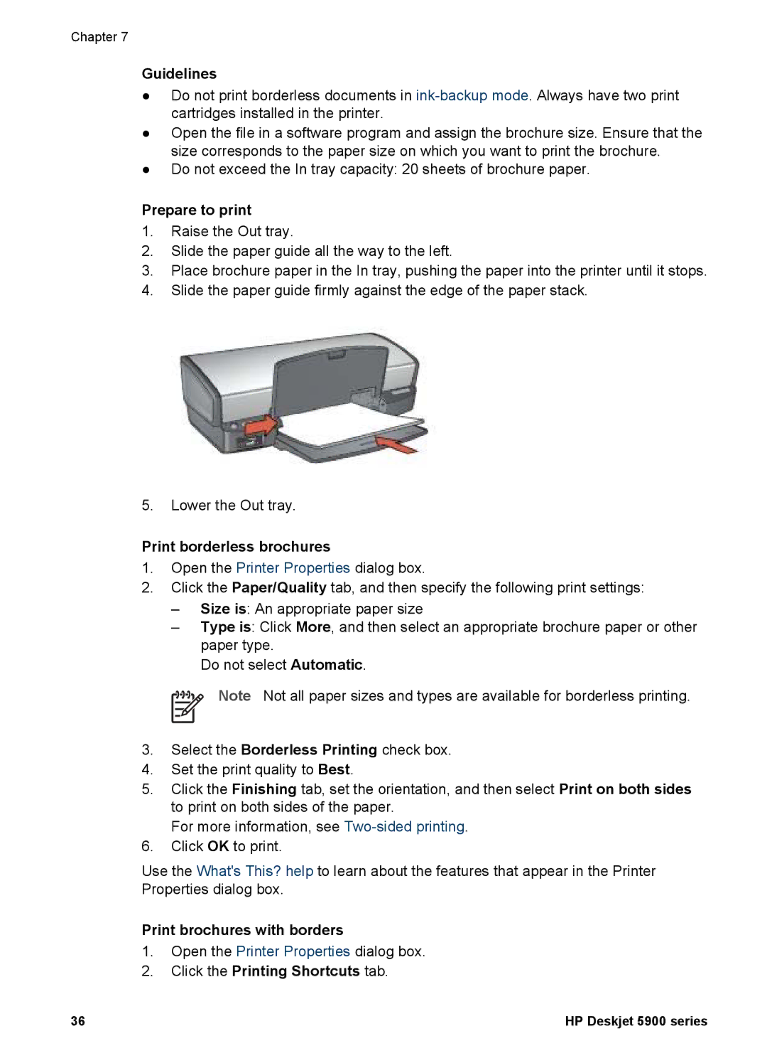 HP 5900 manual Print borderless brochures, Print brochures with borders, Click the Printing Shortcuts tab 