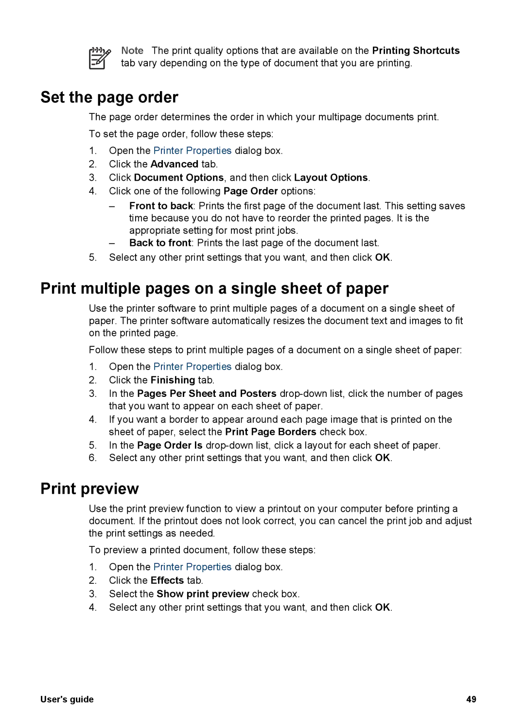 HP 5900 manual Set the page order, Print multiple pages on a single sheet of paper, Print preview 