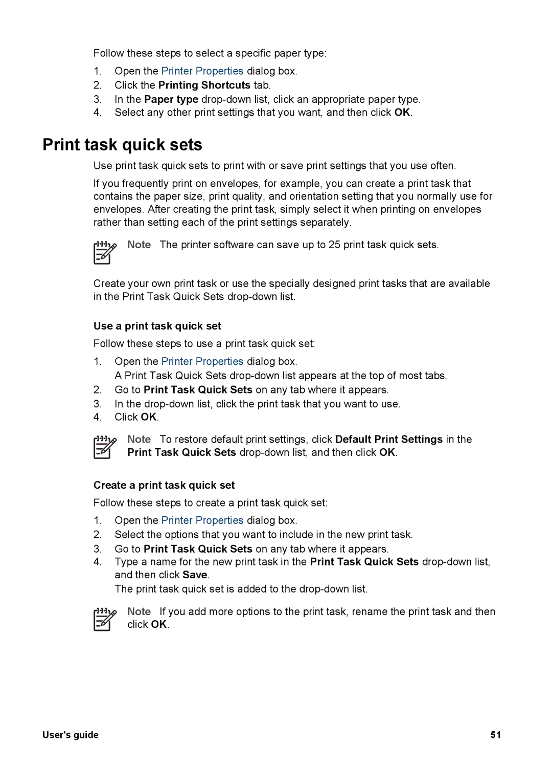 HP 5900 manual Print task quick sets, Use a print task quick set, Create a print task quick set 