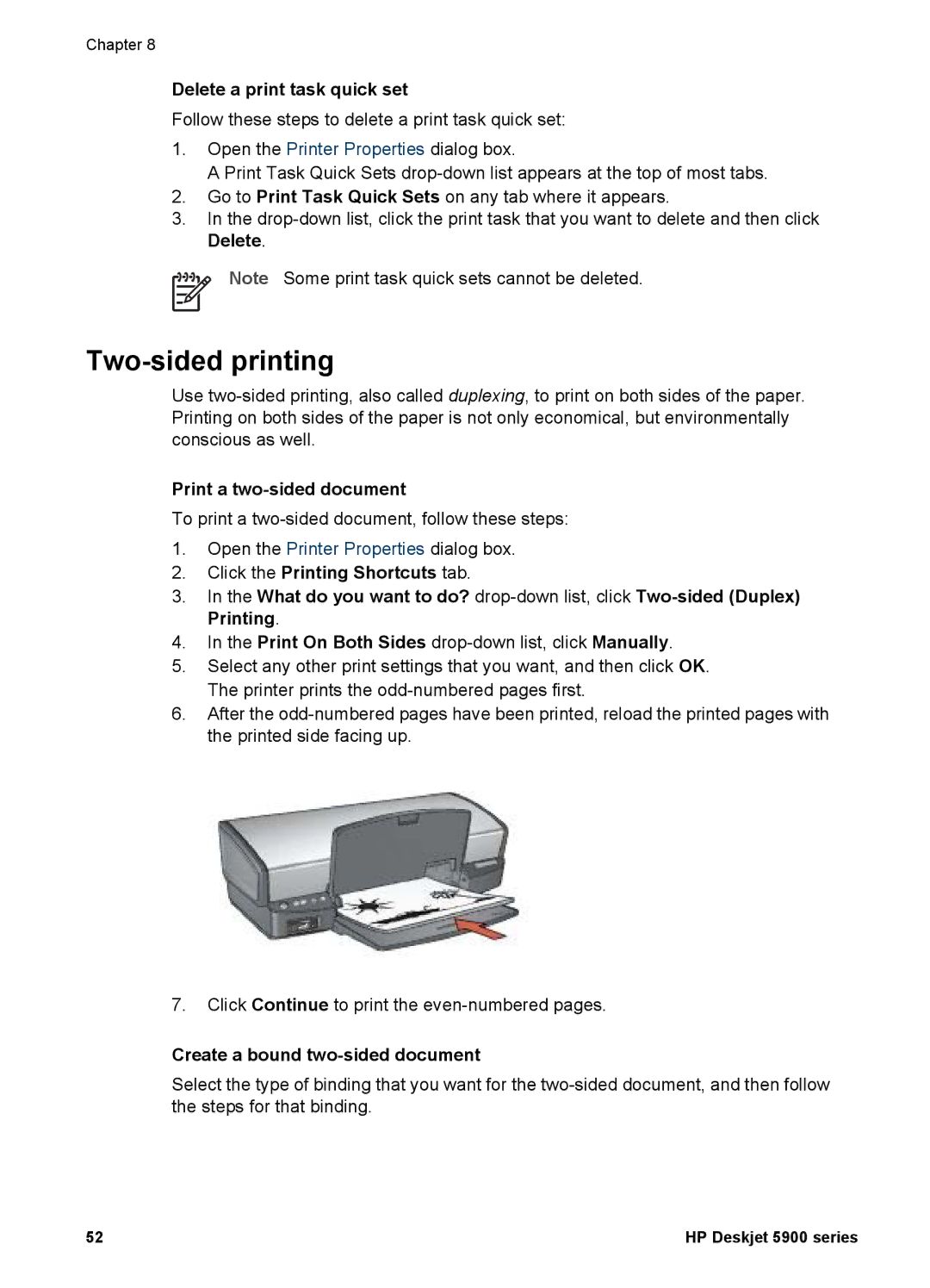 HP 5900 Two-sided printing, Delete a print task quick set, Print a two-sided document, Create a bound two-sided document 