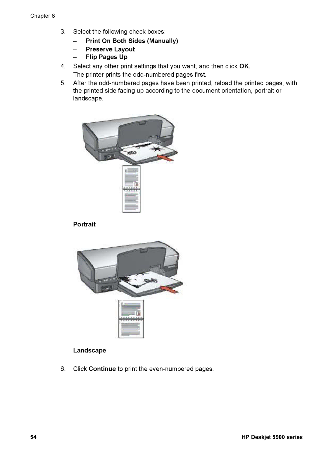 HP 5900 manual Print On Both Sides Manually Preserve Layout Flip Pages Up, Portrait Landscape 